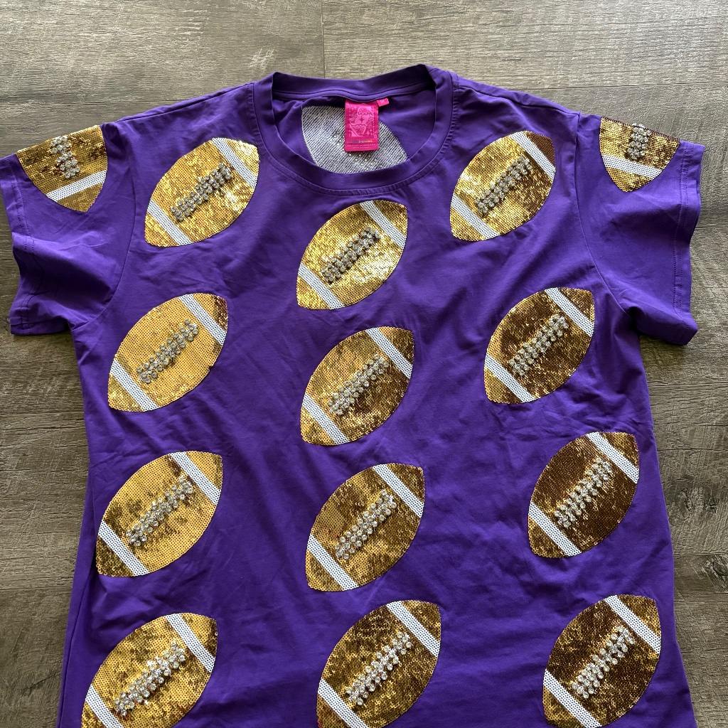 New! Queen Of Sparkles Purple And Gold Sequin And Rhinestone Football Tee